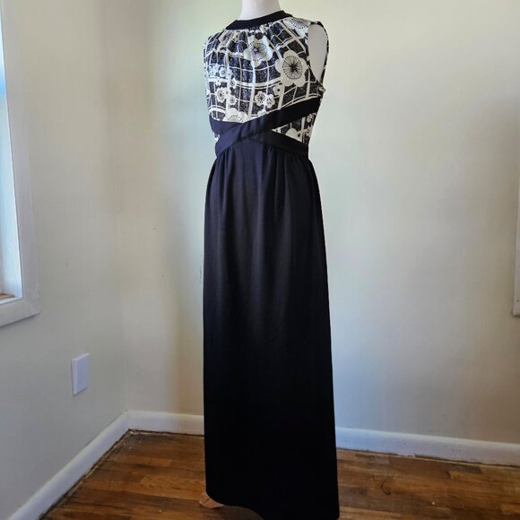 Vintage 70s Black Silver Floral Lurex Disco Diva Maxi Dress Gown Polyester M/L - Picture 1 of 6